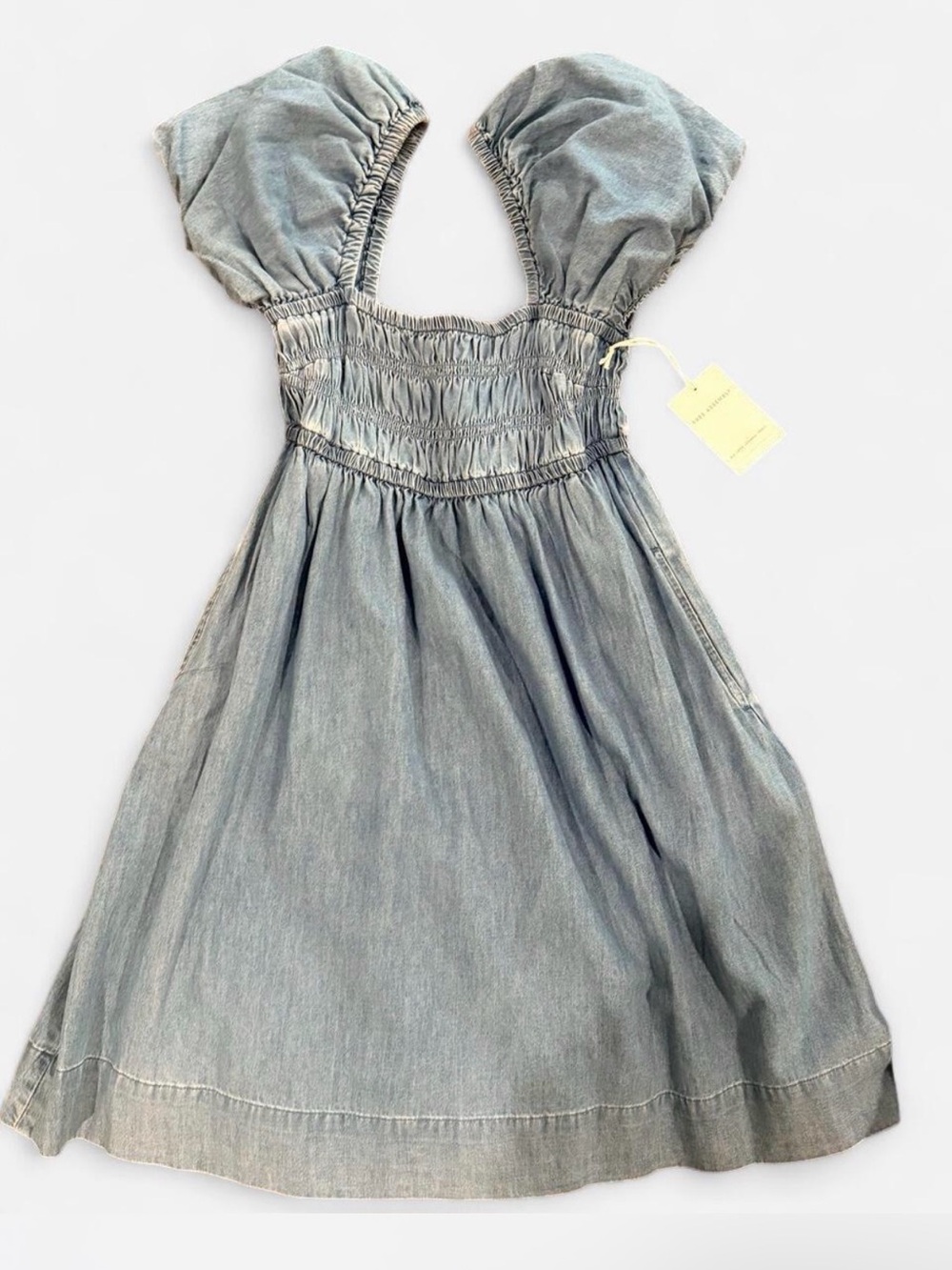 Free Assembly Light Blue Denim Puff-Sleeve Dress w/ Pockets